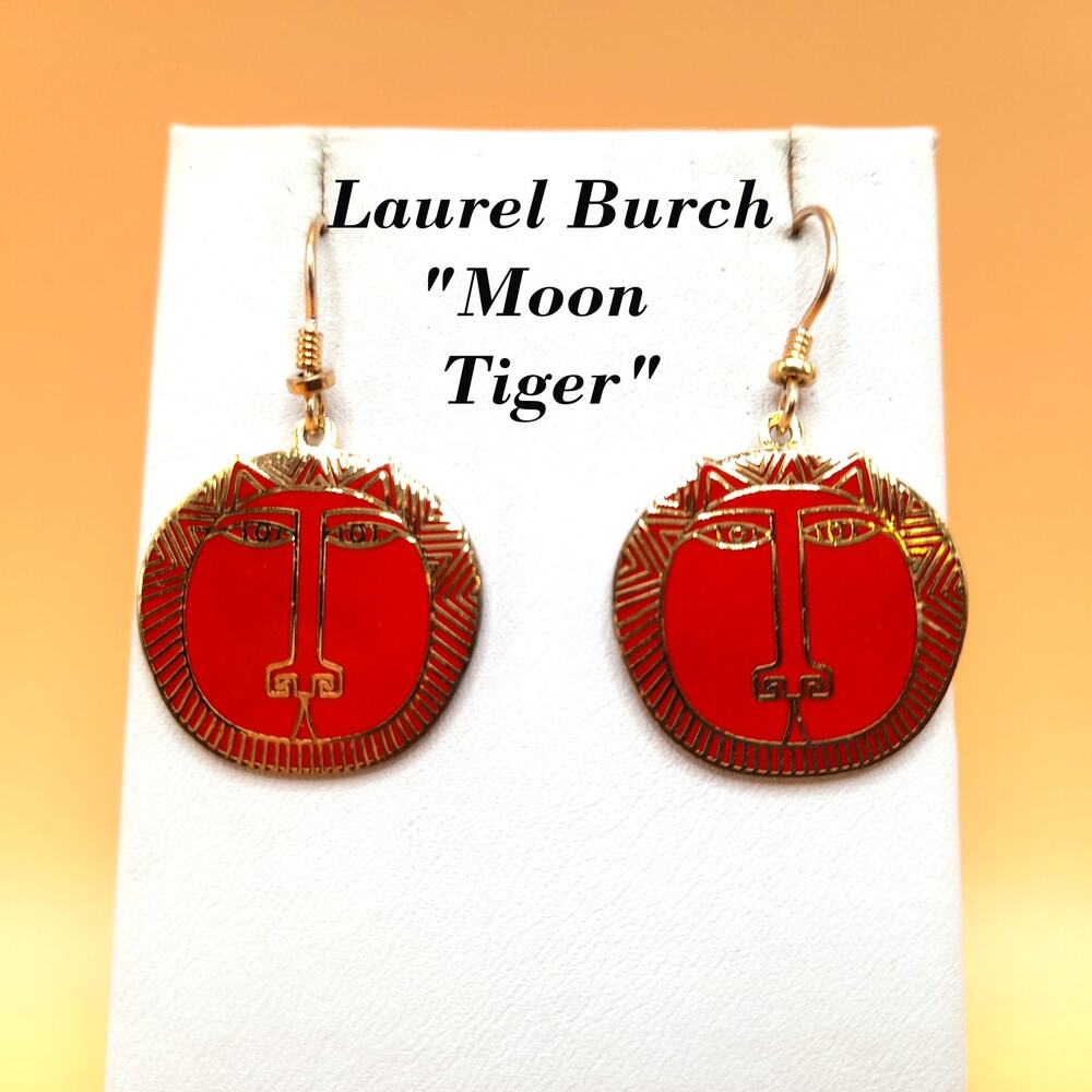 Laurel Burch "Moon Tiger" Red Drop Earrings, Gold Plated Cloisonné, Red Enamel